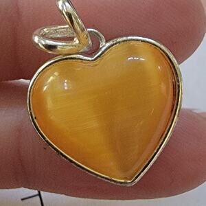 Vintage Silver Tone Heart Pendant with Amber Enamel Inlay & Openwork Sides Charm